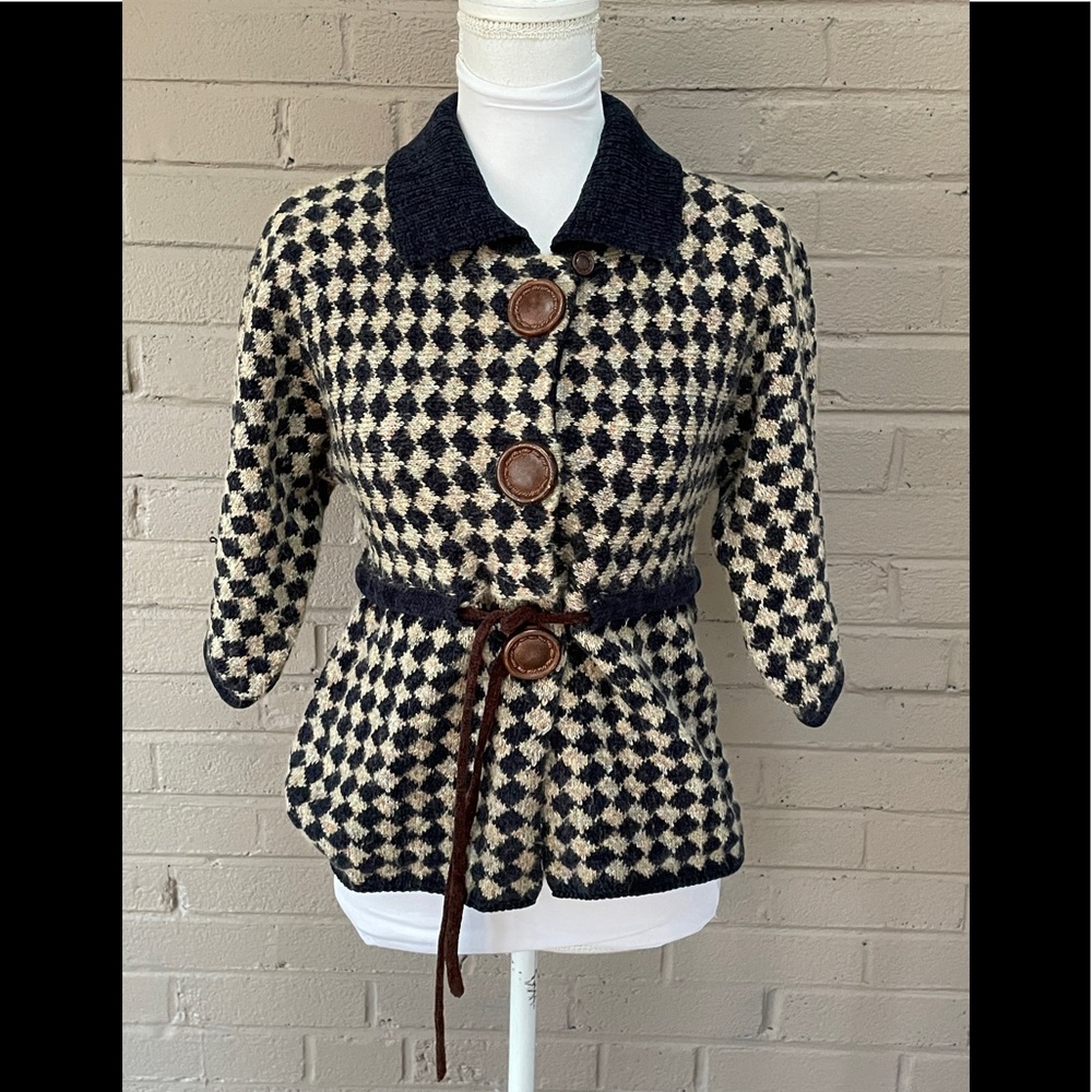 Wool Blend Checker Knit Cardigan with Belt - Black & Cream
